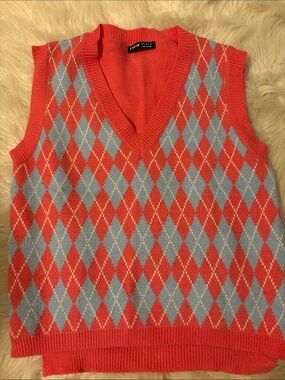 SHEIN Coral and Light Blue Argyle V-Neck Sweater Vest